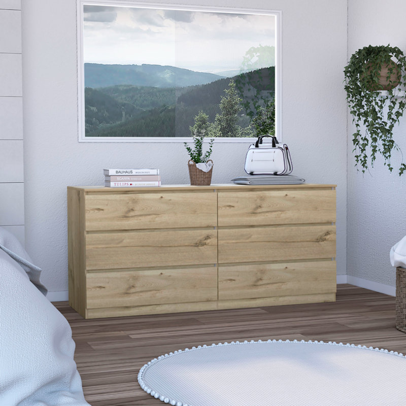 Commode double 6 tiroirs, poignées en métal, Chêne clair