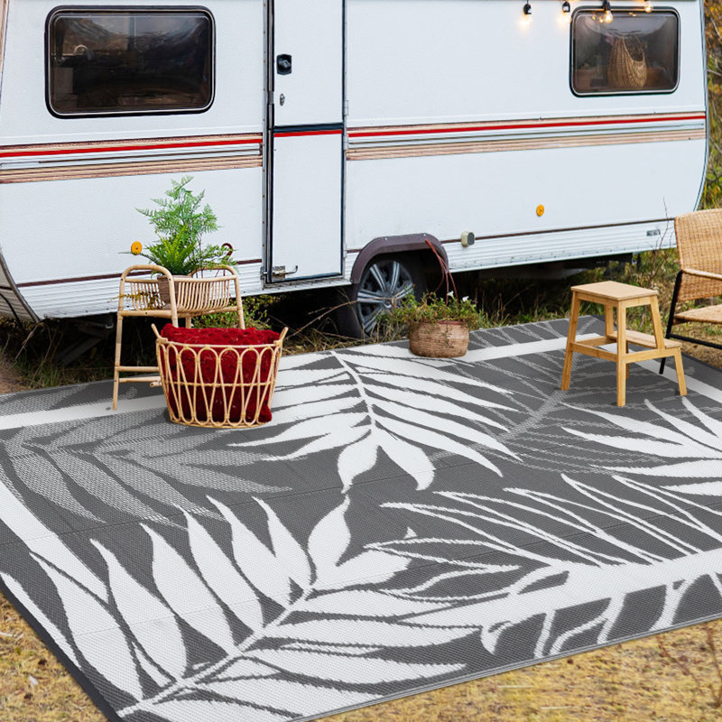 9x12 Grey/White Modern Leaf Reversible Outdoor Rug, Waterproof, Washable, Non-Shedding, Easy-Clean Indoor & Outdoor Patio Porch Carpet