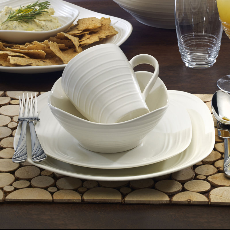 Mikasa Swirl Square 16-Piece Dinnerware Set, Service for White