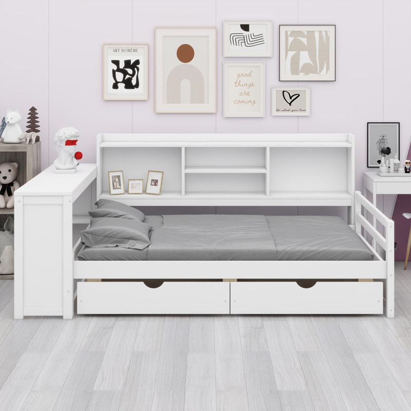 Lit de jour contemporain avec bureau d'étude et nombreuses solutions de rangement, Blanc
