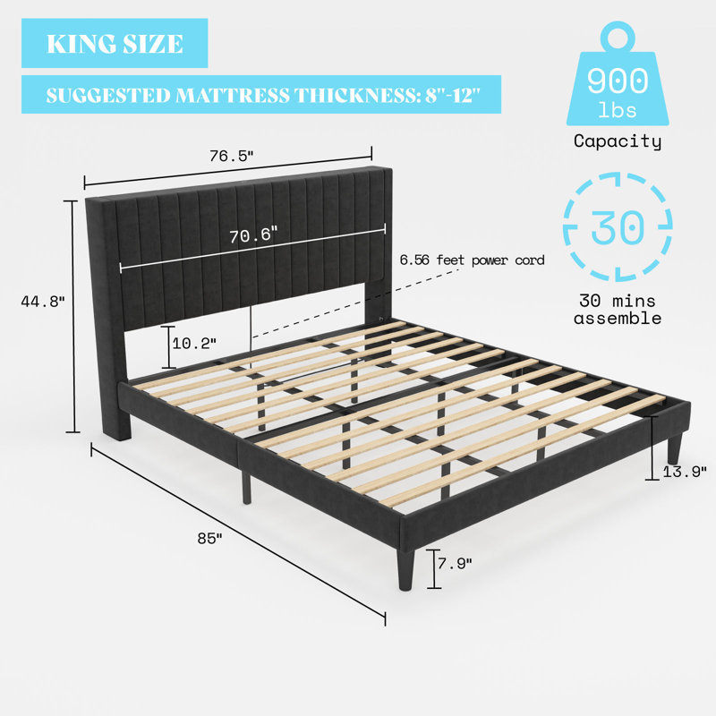 Alti 44.8'' Velvet Upholstered Tufted Bed Frame with Charging Station, Black, King
