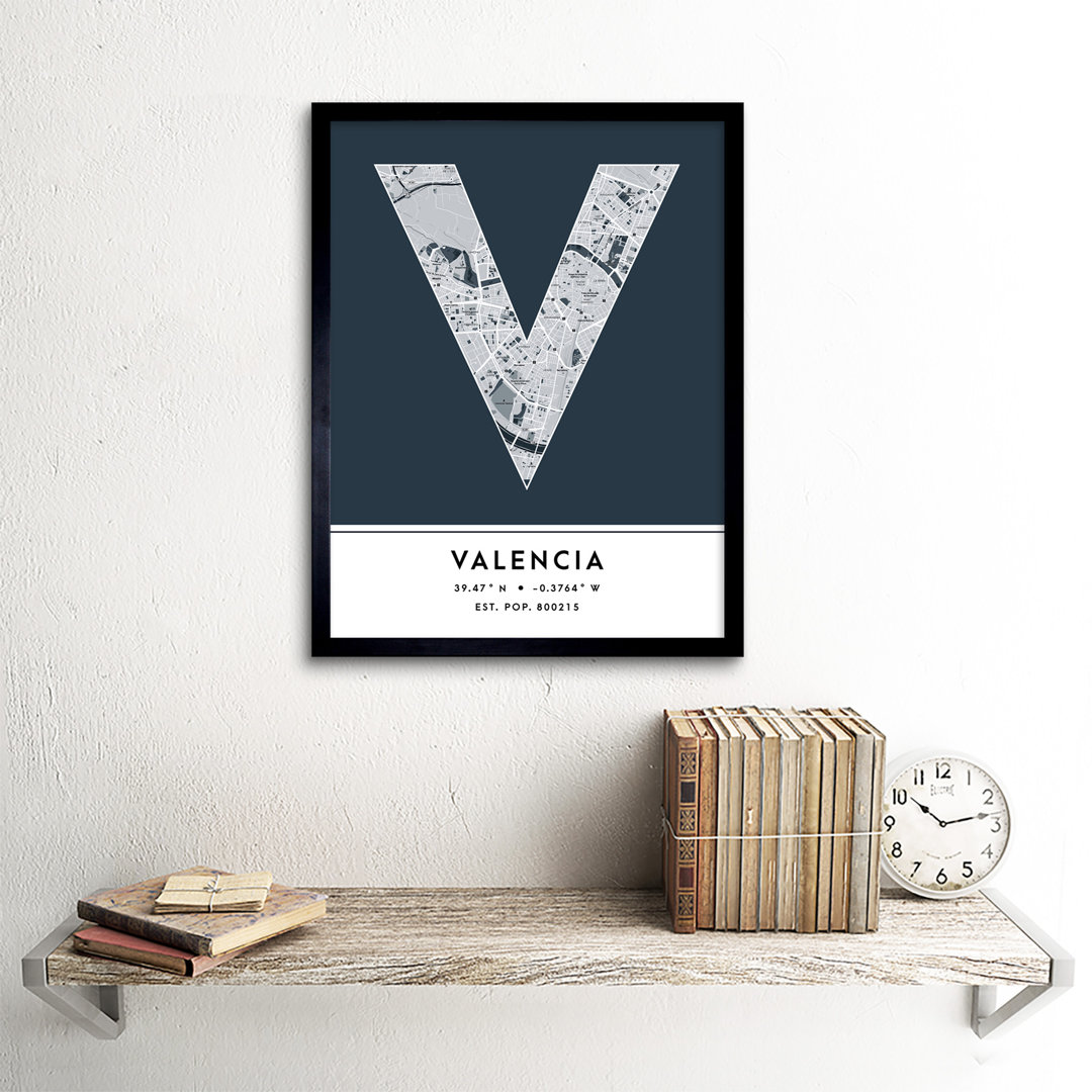 Valencia City Map Valencia Navy - Single Picture Frame Typography