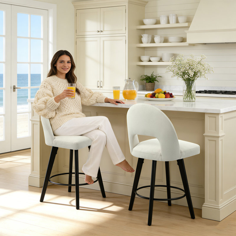 Tabouret de bar et de comptoir pivotant 26 po avec structure en bois massif, Blanc