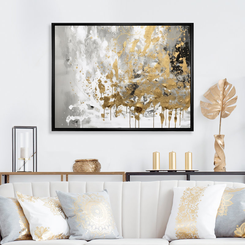 «Croll White and Gold Modern Abstract», reproduction sur toile, Cadre flottant noir, 16" H x 32" W