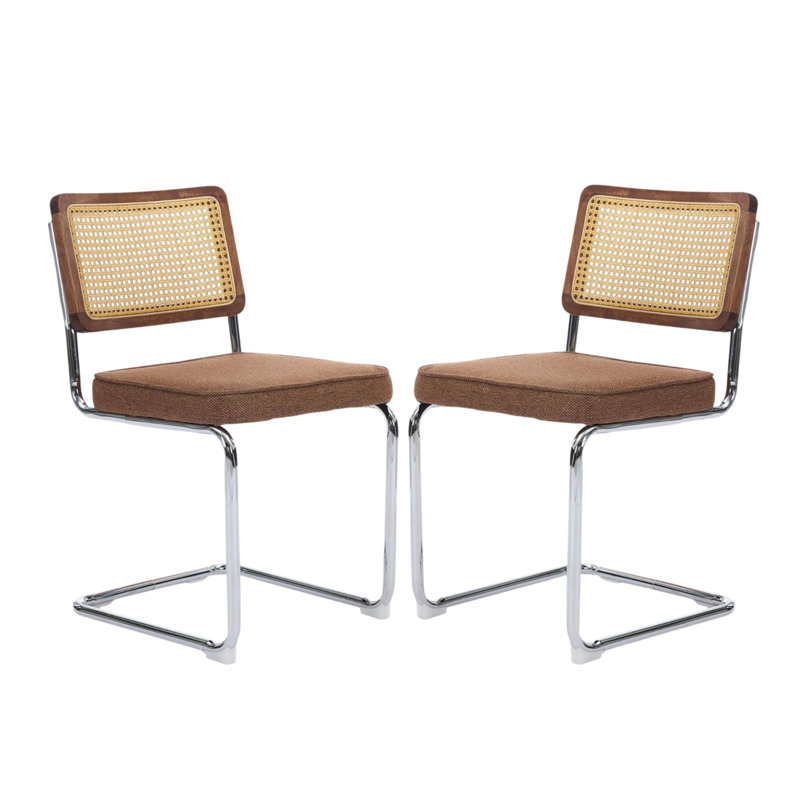 Ensemble de 2 chaises de salle à manger modernes en lin, dossier en rotin et base chromée, café, Lin café
