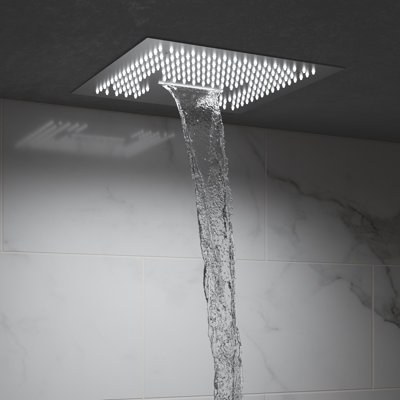 Thermostatic LED Mood Lighting Shower System, 16" Ceiling Mount Rainfall Shower Faucet with Brass Valve
