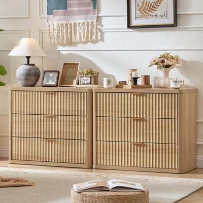 31-Inch Fluted 3-Drawer Nightstand Set of 2 with Large Storage, Modern Bedside Table & Smooth Metal Slides