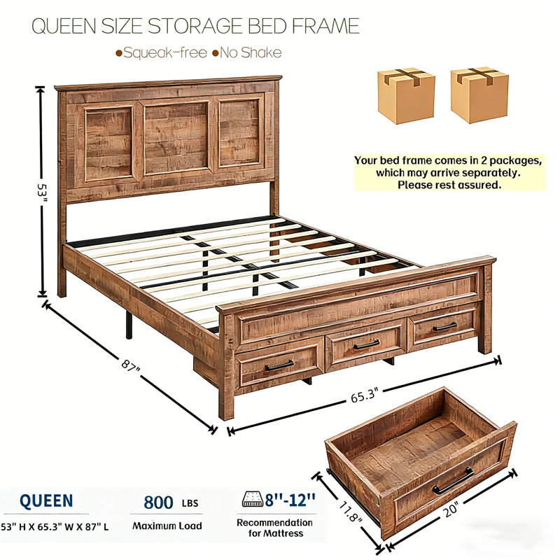 Farmhouse Platform Bedframe, Wood Bed Frame With 52" Tall Headboard, Light Brown, Queen
