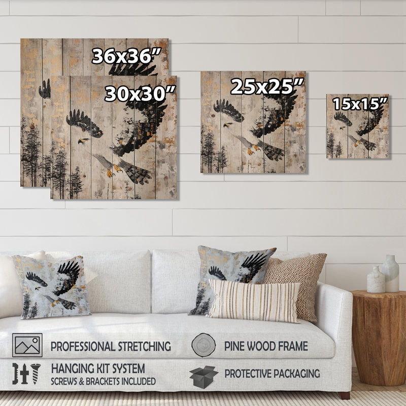 Hawk Soaring Over The Mountains I - Décoration murale moderne en bois sur bois de pin naturel, H 36 po x l 36 po