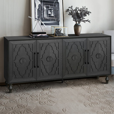 Carved Flower Door Large Storage Cabinet With Metal Handle Suitable for Living Room, Kitchen, Entryway