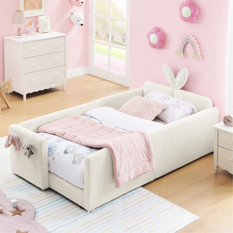 Structure de lit simple beige avec tête de lit en forme d'oreille de lapin, revêtement Boucle, fonction et espace de rangement pour le matériel de la chambre à coucher, garde, salle de solution
