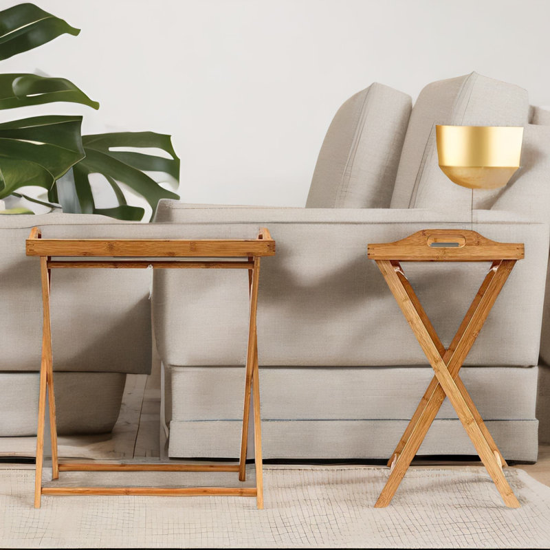 Bamboo Folding Side Table With Detachable Serving Tray Living Room