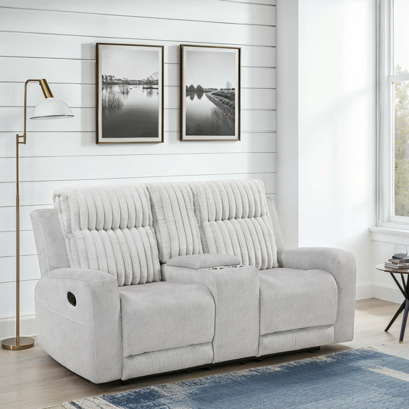 Pribbanow 71.5" Traditional Manual Reclining Loveseat with Two-tone Upholstery (Microfiber & Corduroy), Integrated Center Console & Superior Foam over Pocket Coils Comfort
