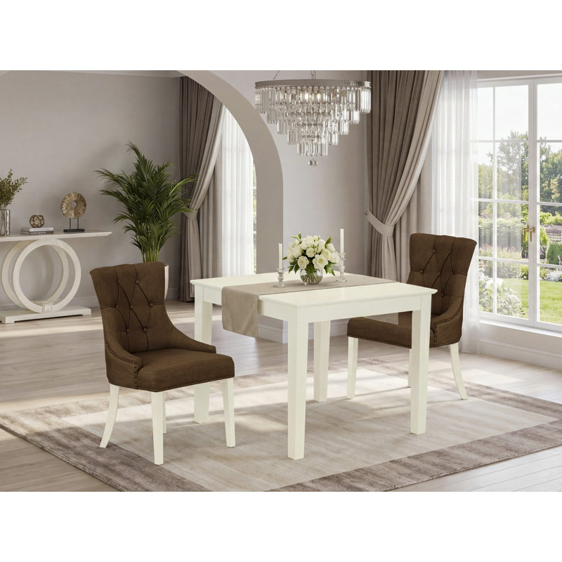 Ensemble de coin-repas 3 pièces pour petits espaces comprenant une table de salle à manger carrée et 2 chaises Parson rembourrées en tissu brun, lin blanc