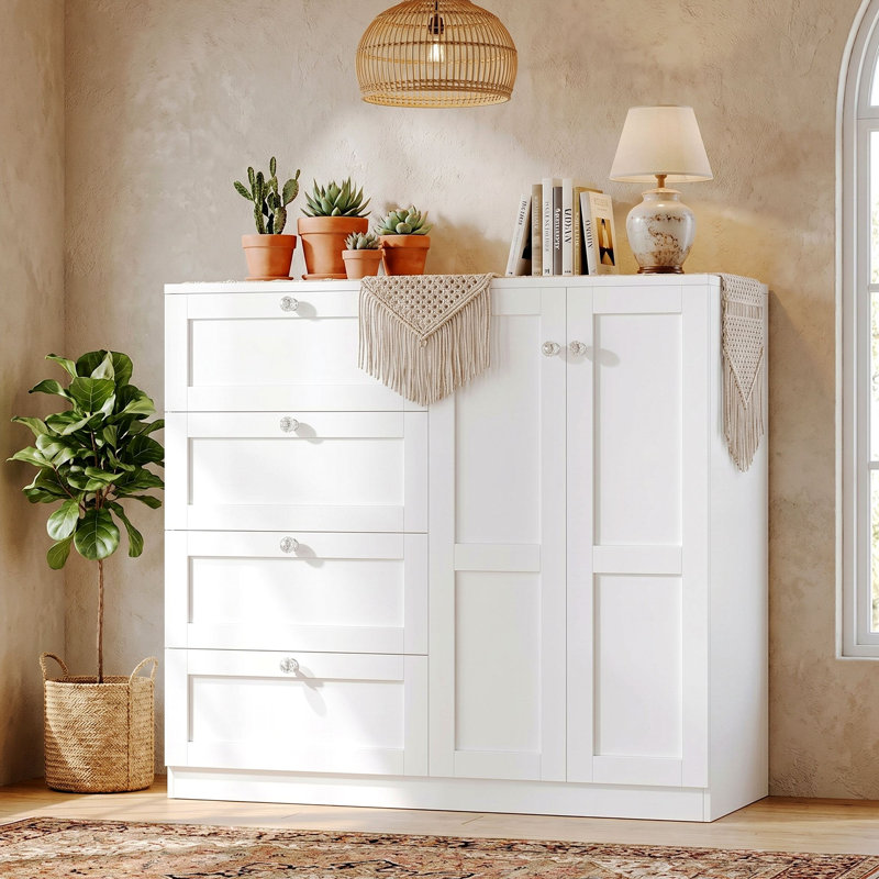 Wood Armoire Wardrobe Closet Cabinet With 4 Drawers, 2 Doors And Hanging Rod, White