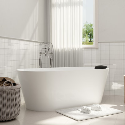 Tangent 59" x 30" Freestanding Soaking Solid Surface Bathtub with Black Bath Pollow