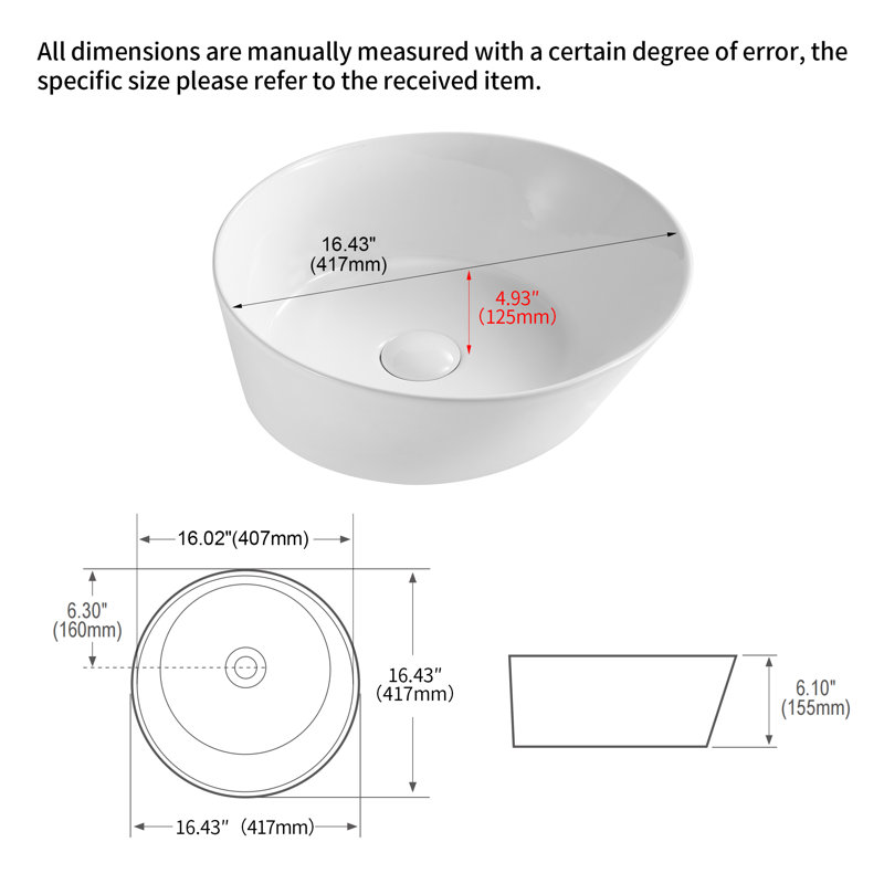 Meuble-lavabo à vasque rond en céramique et à comptoir H 6,10 po Threewa Home, résistant aux taches, aux égratignures et aux fuites