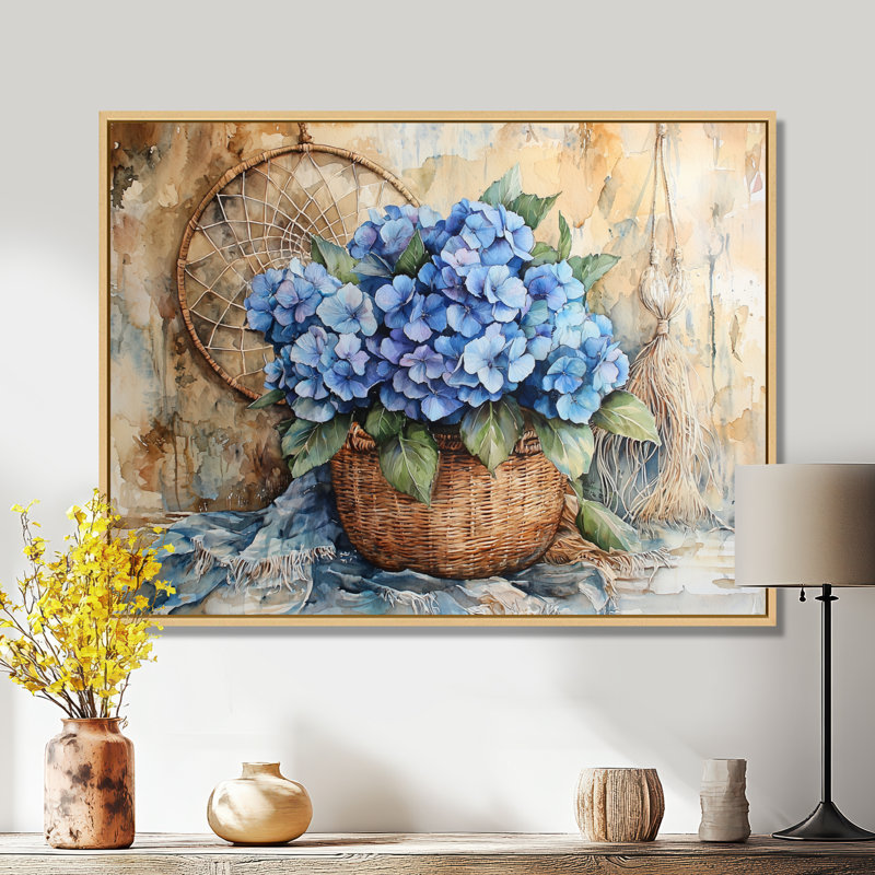 Boho Blue Hydrangea Bliss II - art mural d'hortensia pour le salon, Impression sur cadre flottant, H 12 po x l 20 po