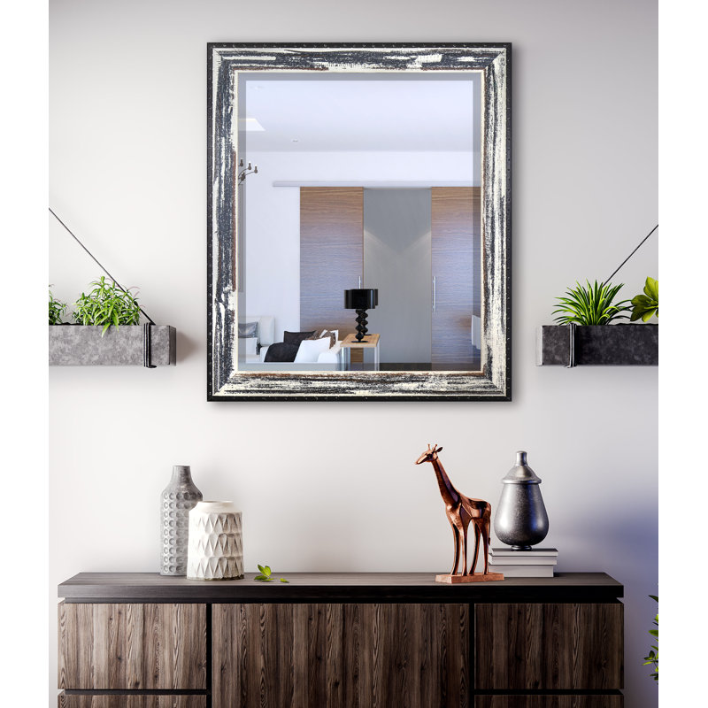 Solid Wood Flat Wall Mirror, Brown/Cream Distressed, 38.5" H x 32.5" W