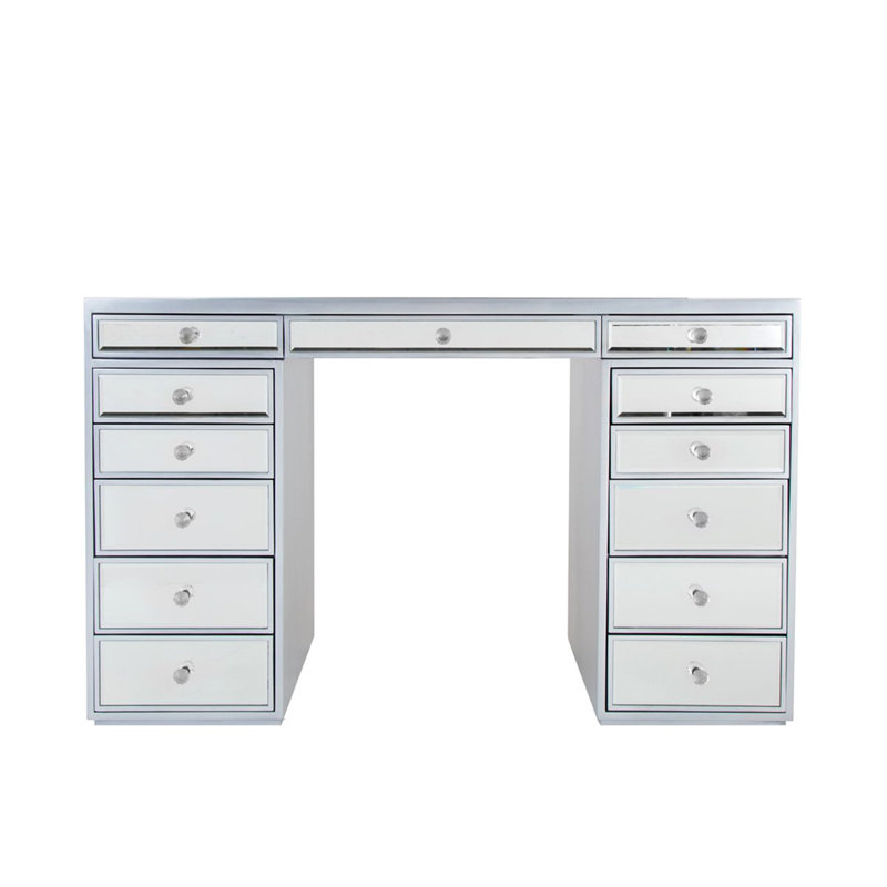 Meuble-lavabo à miroir en miroir de qualité supérieure avec plateau en verre Slay Station Plus, 13 tiroirs et luxueux boutons en cristal