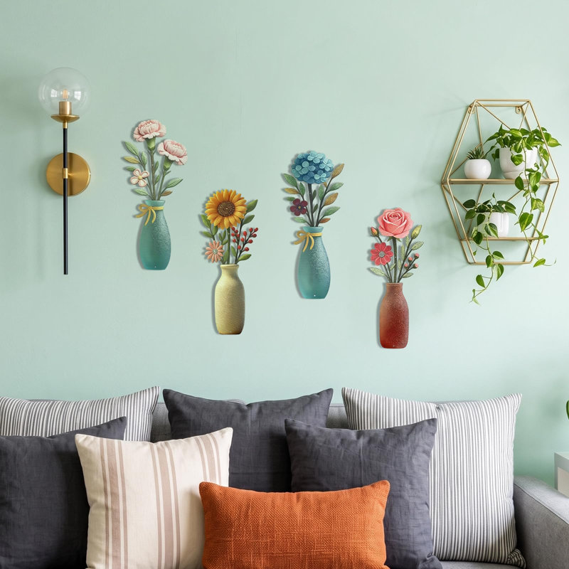 Ensemble de 4 décorations murales florales en métal pour la maison : salon, chambre à coucher, salle de bain, salle à manger. Fleurs en métal texturé, sculptures suspendues artisanales en fer. Décoration murale florale et colorée de 35 cm (13,7 po).