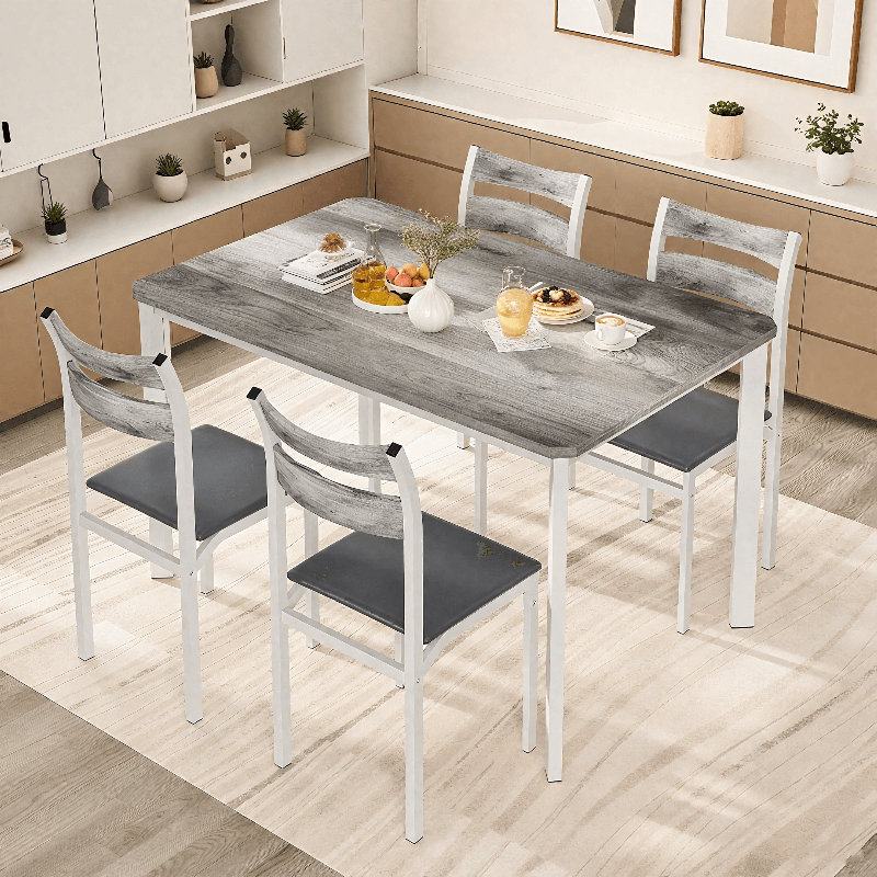 Dining Table Set For 4, 43.3" Kitchen Table And Chairs Set Of 4, 5-Piece Industrious Wood Dining Room Table Set With 4 Upholstered PU Leather Chairs For Small Space, Breakfast Nook, Apartment