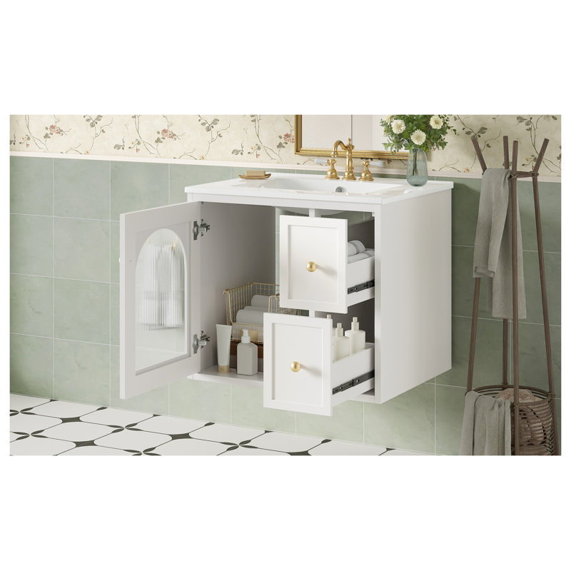 Ensemble de meuble-lavabo mural 24 po avec lavabo blanc, bois massif et panneau de fibres à densité moyenne