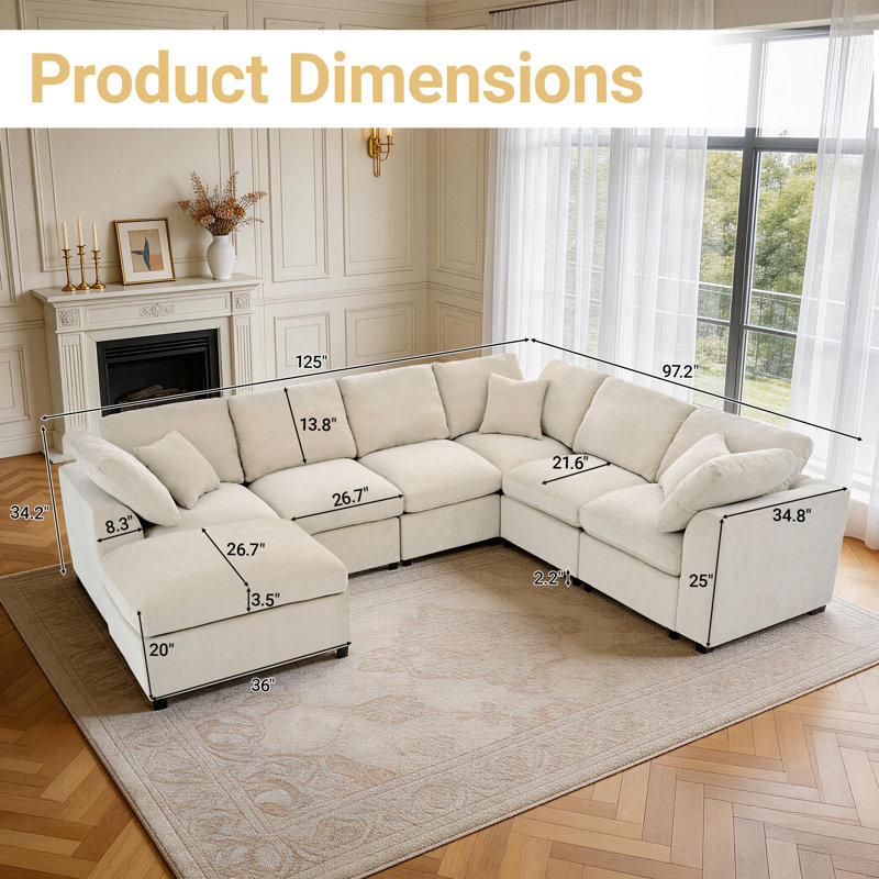 125" Modular Sectional Corner Sofa Large Chenille 7 Seater Deep Seat Couch With Cloud Ottoman & Pillows, Beige Chenille