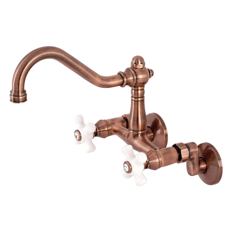 Kingston Brass Vintage Double-Handle 2-Hole Wall-Mount Bridge Kitchen Faucet, Antique Copper