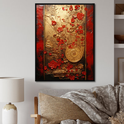 God and Red Floral Japanese Tiles III - Abstract Botanicals Wall Art