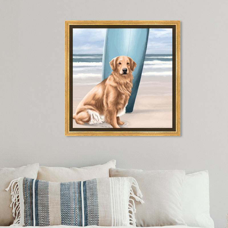 « surfer golden retriever », reproduction d’impression sur toile tendue, H 12 po x l 12 po, Cadre doré