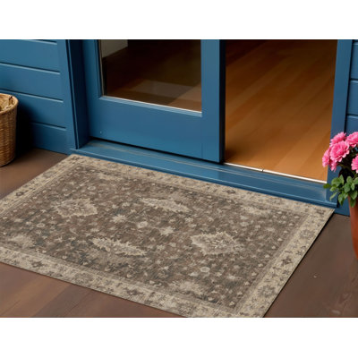 Tapis d'intérieur lavable à motif floral brun et beige 3 pi x 5 pi