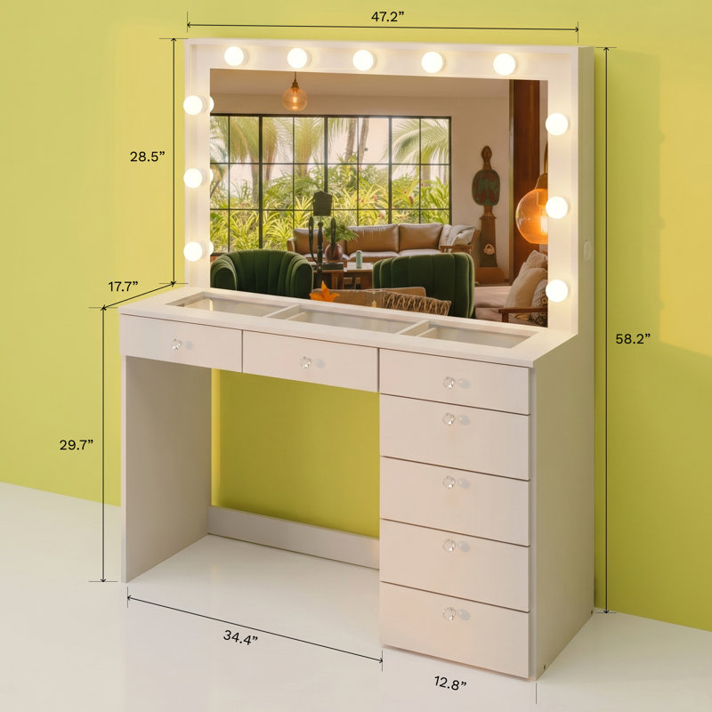 Boahaus Luna Vanity Desk with Framed Bulb Mirror – 7 Drawer Makeup Vanity Designed as an Integrated Dressing Station with Power Outlet