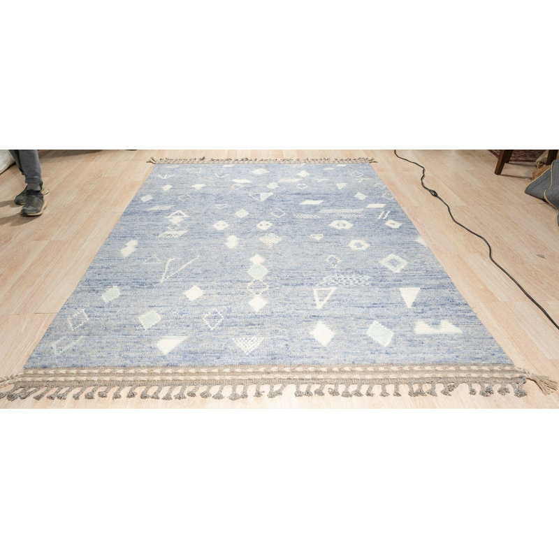 Blue Hand-Knotted Wool Faded Denim Texture Tribal Modern Contemporary Carpet Rug, 6' x 9'