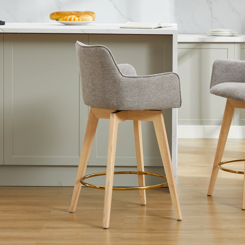 Lovetro Swivel Full Back Arms Upholstered 26.6"H Counter Stool with Solid Rubberwood Frame and Gold Footrest, Gray