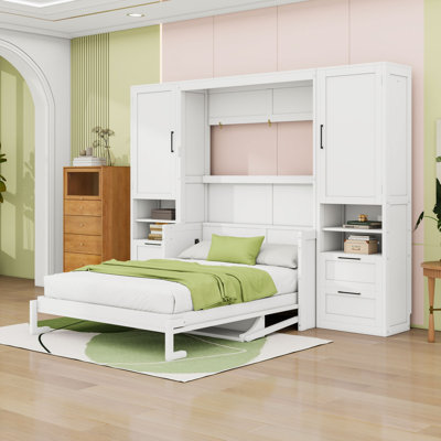Lit escamotable double en bois avec 4 tiroirs et tablettes