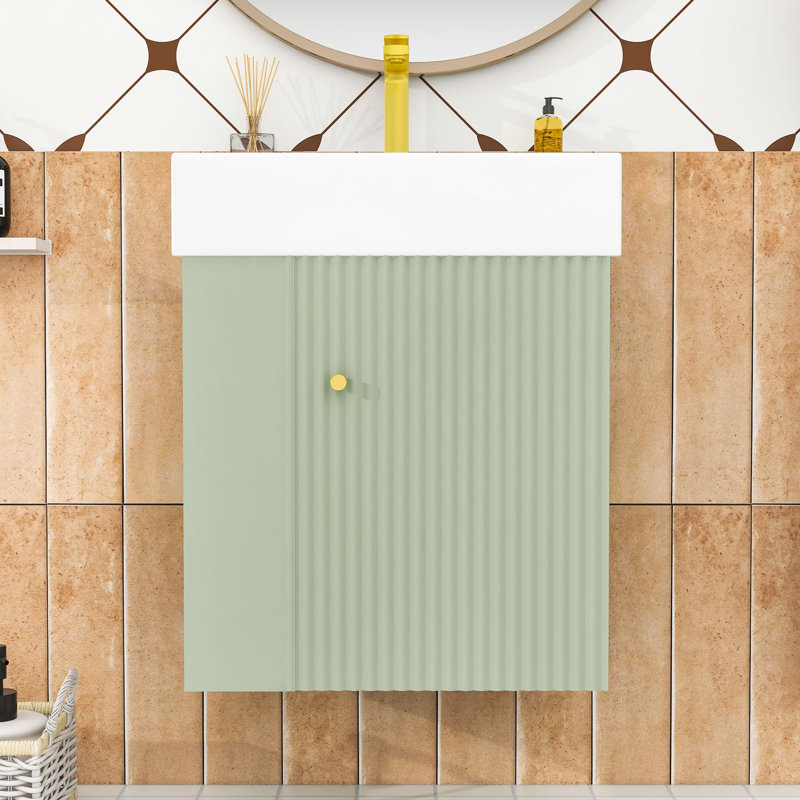 Modern Floating Bathroom Vanity with Wave-Patterned Door, Ceramic Sink and Storage Shelves, Green