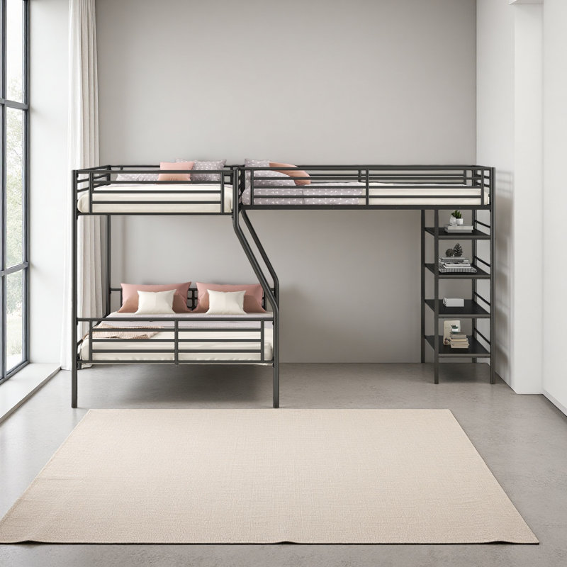 Lit superposé simple en L en forme de L et lit mezzanine simple avec quatre tablettes intégrées