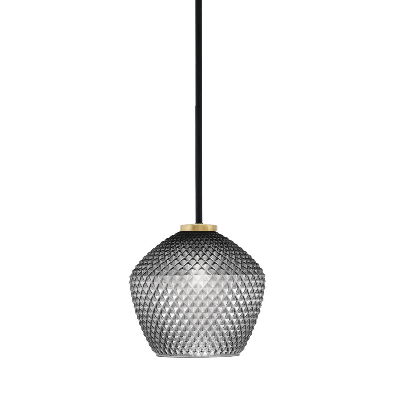 Mini-luminaire suspendu 1 lumière Amarmula, noir mat et finition laiton vieilli, verre texturé fumé 9 po, Transparent/noir