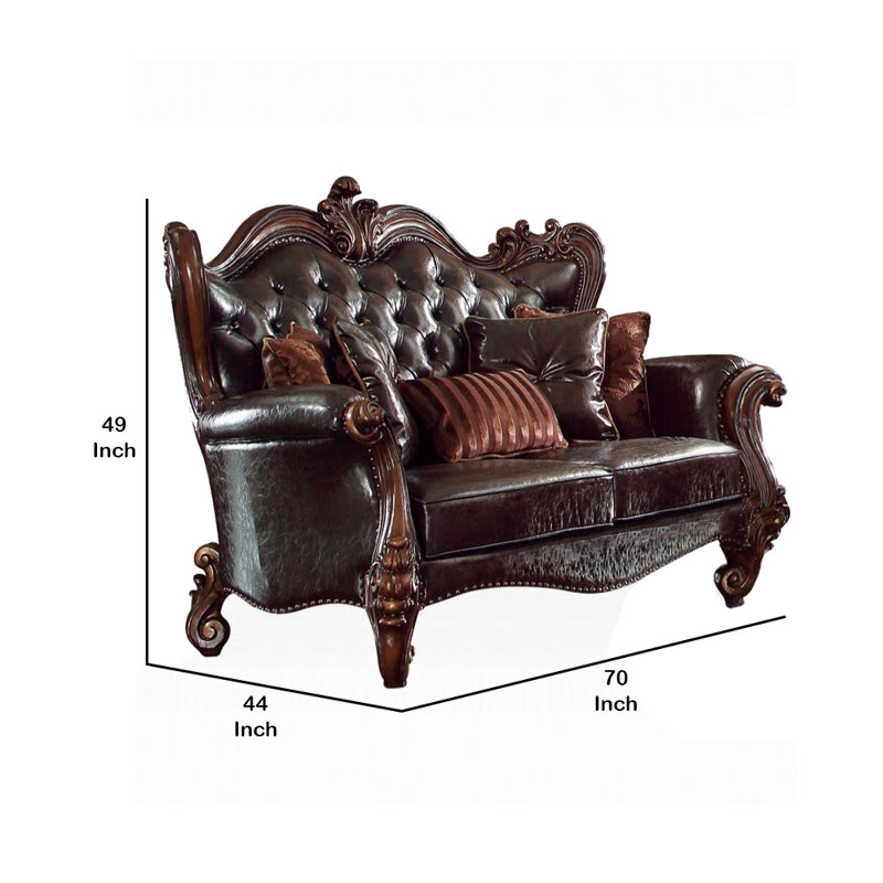 Versailles Upholstered Loveseat, Dark Brown Faux Leather , Cherry Oak