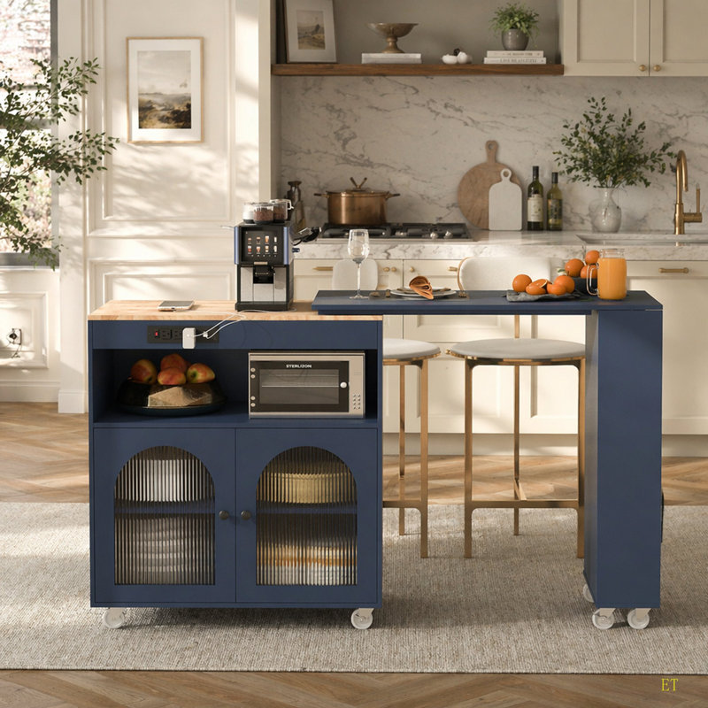 Rolling Kitchen Island With Extended Table, Kitchen Island on Wheels with LED Lights,Power Outlets and 2 Fluted Glass Doors, Kitchen Island with a Storage Compartment and Side 3 Open Shelves