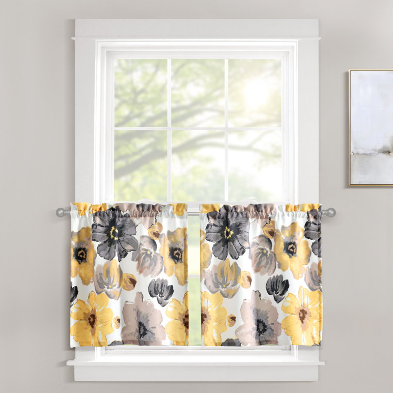 Rideau de cuisine floral en coton sur mesure 29 po, Jaune, L 24 po x L 29 po