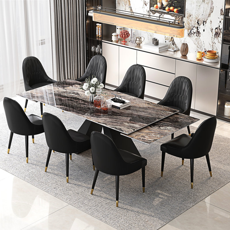 Dining Table Set For 8 With 78.7''-110.2'' Extendable Sintered Stone Dining Table Top And 8 Faux Leather Dining Chairs, Beige