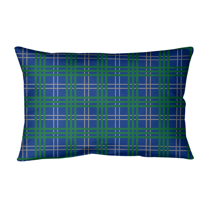 Plaid Leather/Suede Reversible Throw Pillow, Blue/Silver/Green, Cotton Blend