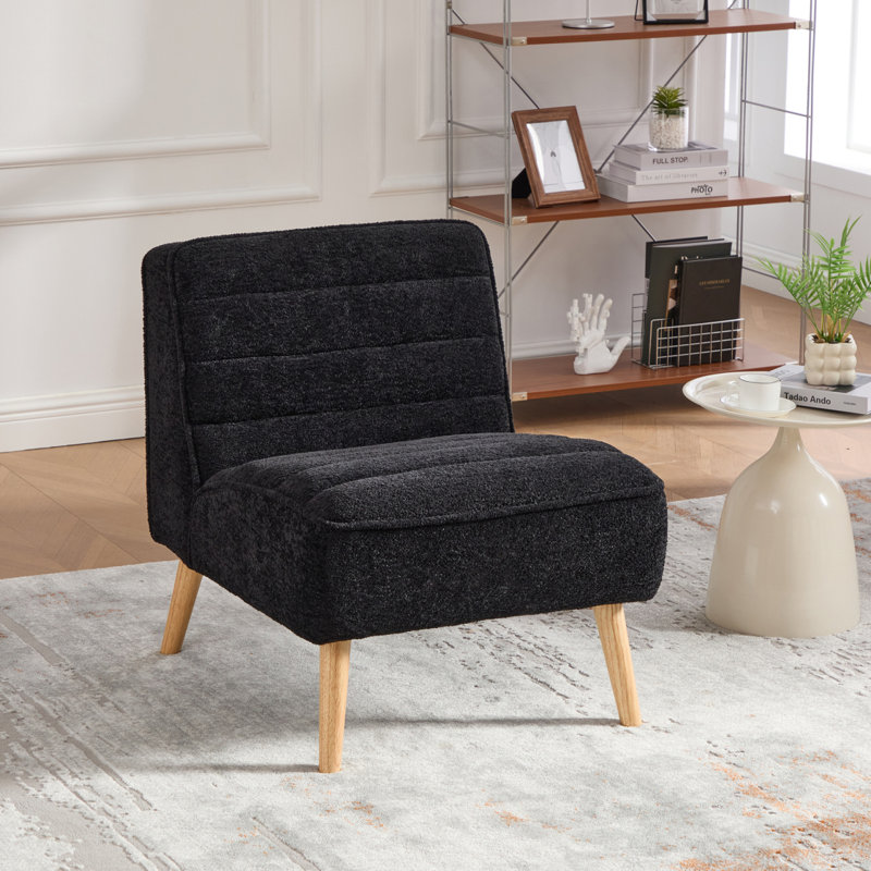 24.4" Wide Modern Upholstered Armless Chair With Rubber Wood Legs, Chenille Accent Chair For Living Room,Bedroom,Office And Reading Room.  Black