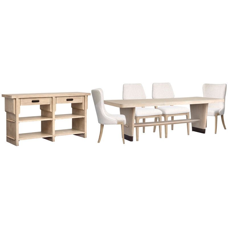 Table de salle à manger à tréteaux avec 2 chaises latérales rembourrées, 2 chaises maîtresses et un buffet
