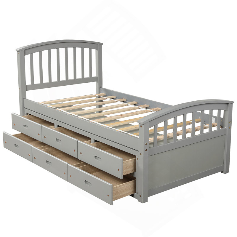 Lit plateforme simple avec rangement en bois massif et 6 tiroirs, Gray