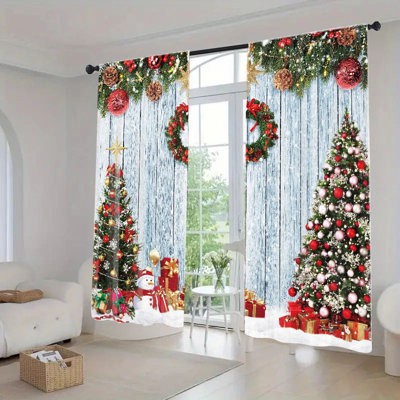2Pcs Christmas Window Curtains Festive Holiday Decor Rod Pocket Design - Rustic Wood Background with Trees Wreath Snowman Gifts Light Filtering Polyester Panels for Living Room Bedroom Office Home Winter Decoration