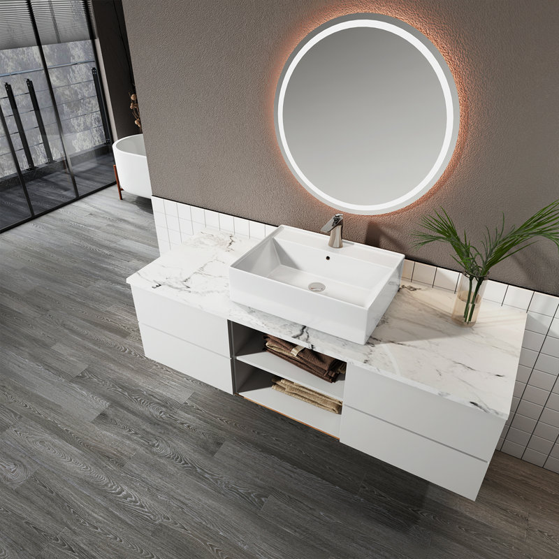 Sinber 24" x 17" x 6.3" White Rectangular Ceramic Countertop Bathroom Vanity Vessel Sink