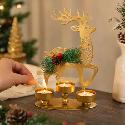 Décoration de Noël Bougeoir renne de Noël en métal doré, centre de table pour les fêtes de Noël, décoration de foyer ou d'étagère.